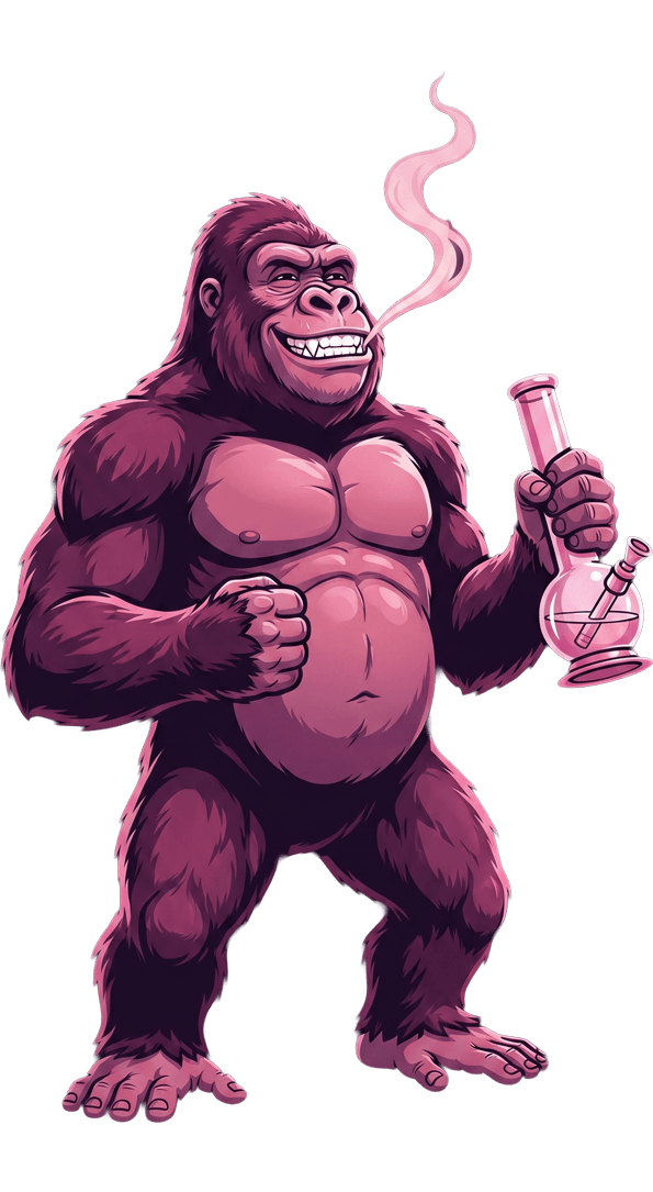 A muscular gorilla stands in front of a building with columns, holding a glass of water and a flask with a white cap and black handle.