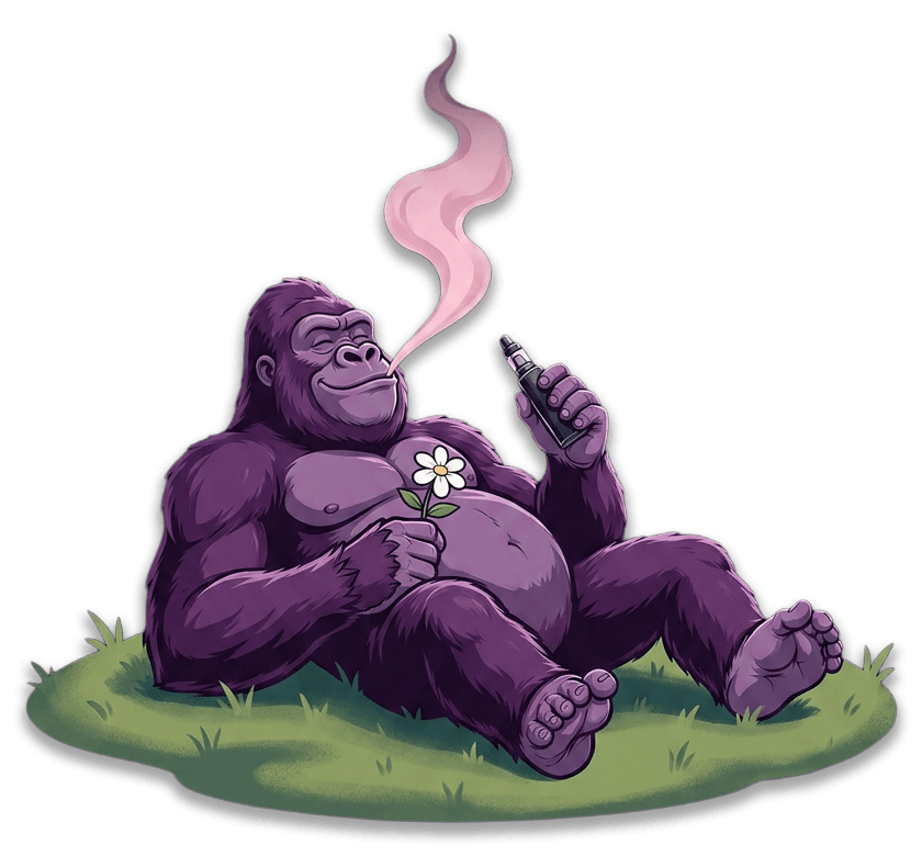 A purple gorilla sits on green grass, holding a cell phone in its right hand and a flower in its left, with a flame visible.