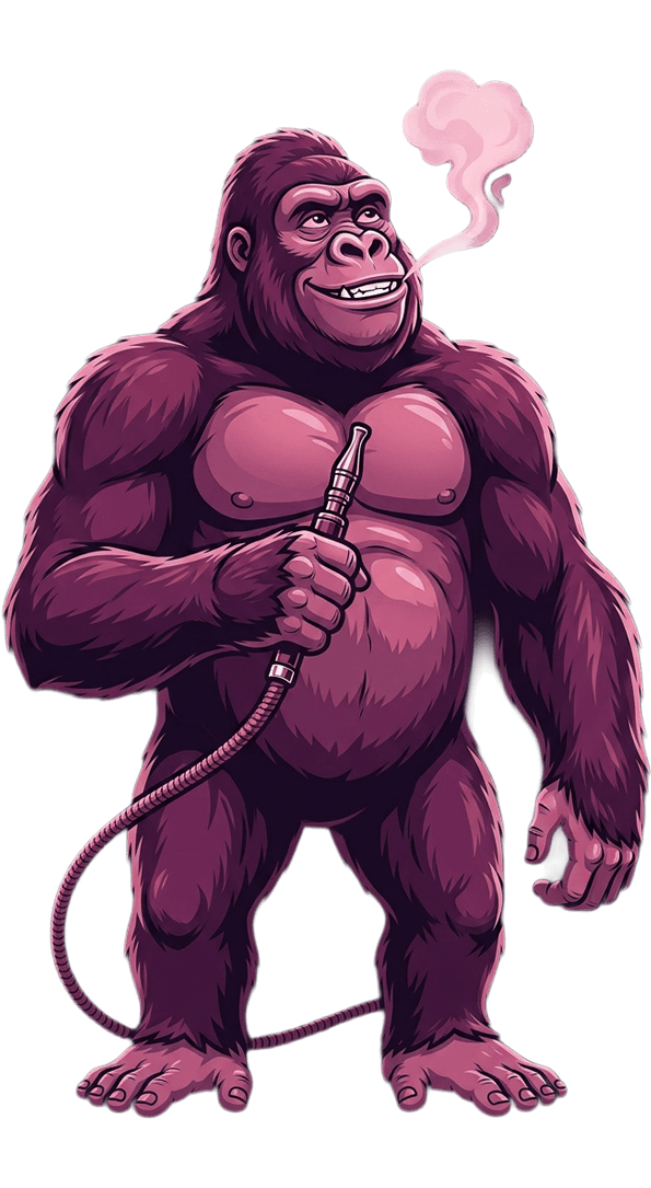 A muscular, predominantly purple gorilla stands upright, holding a hose connected to a pipe on a dark purple background with a white line.