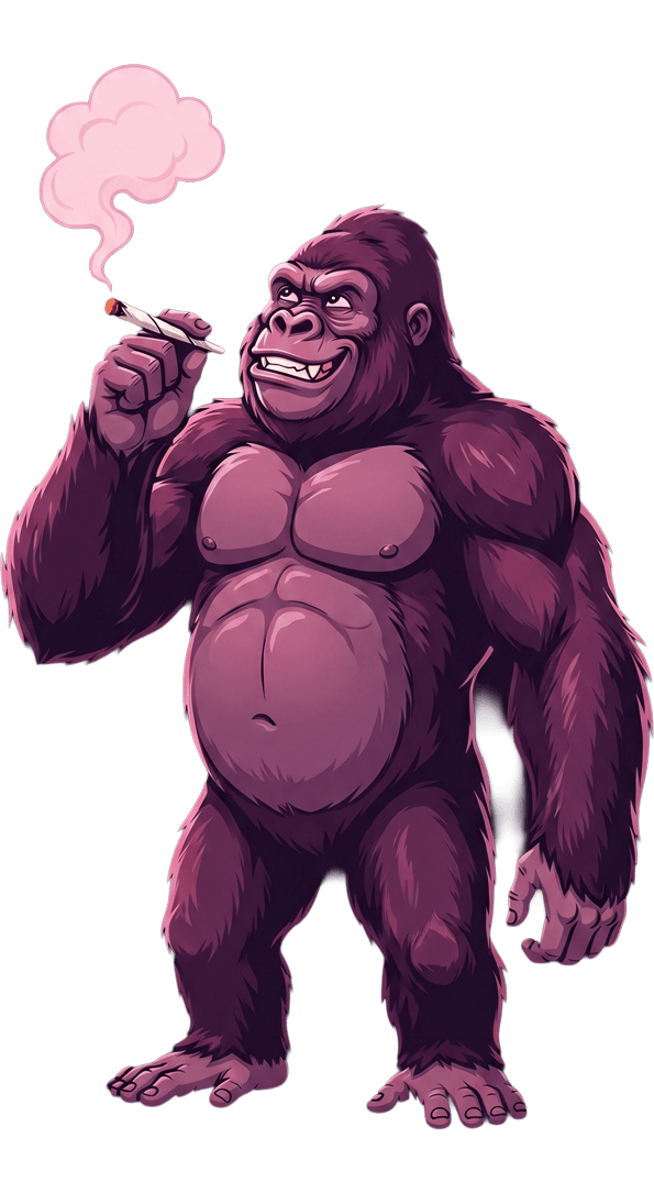 A muscular gorilla stands upright, smoking a lit cigarette, set against a dark purple background with a diagonal pattern.