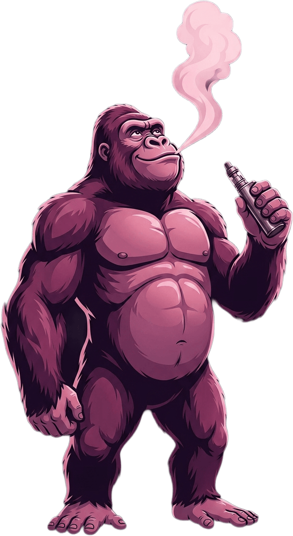 A muscular pink gorilla stands upright, holding a lit cigarette and lighter, in a dark purple background with a wooden door.