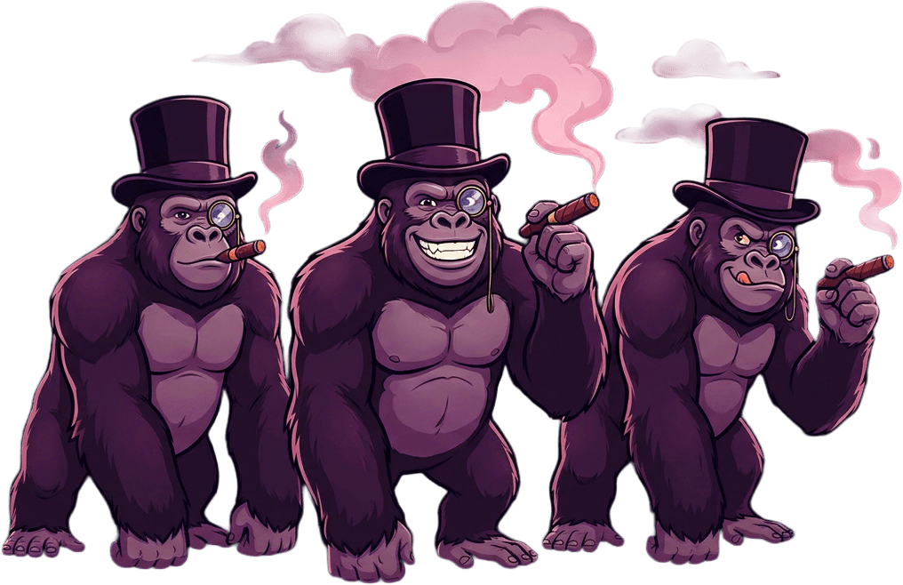 Illustration of three gorillas standing side by side, each wearing a top hat and monocle while smoking cigars, with faint smoke and a simple dark background.