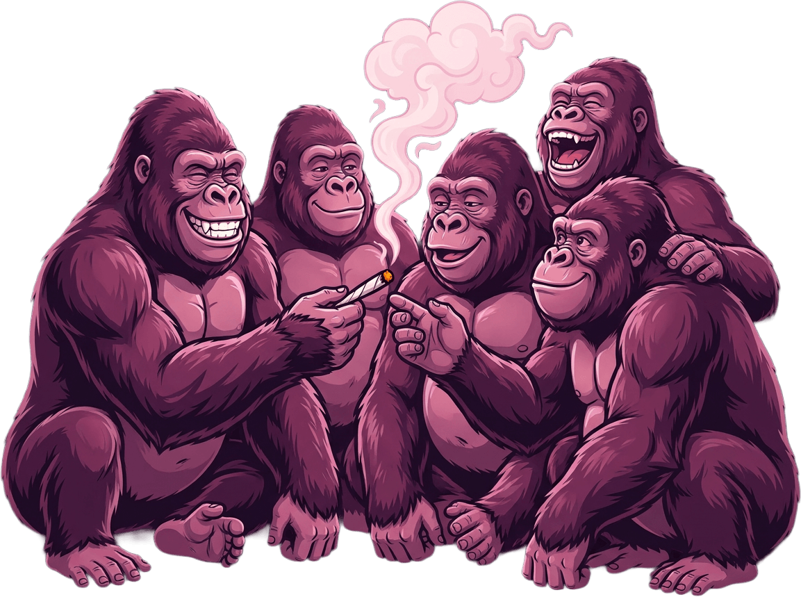Group of gorillas passing a lit joint and laughing together against a dark background with light smoke clouds.