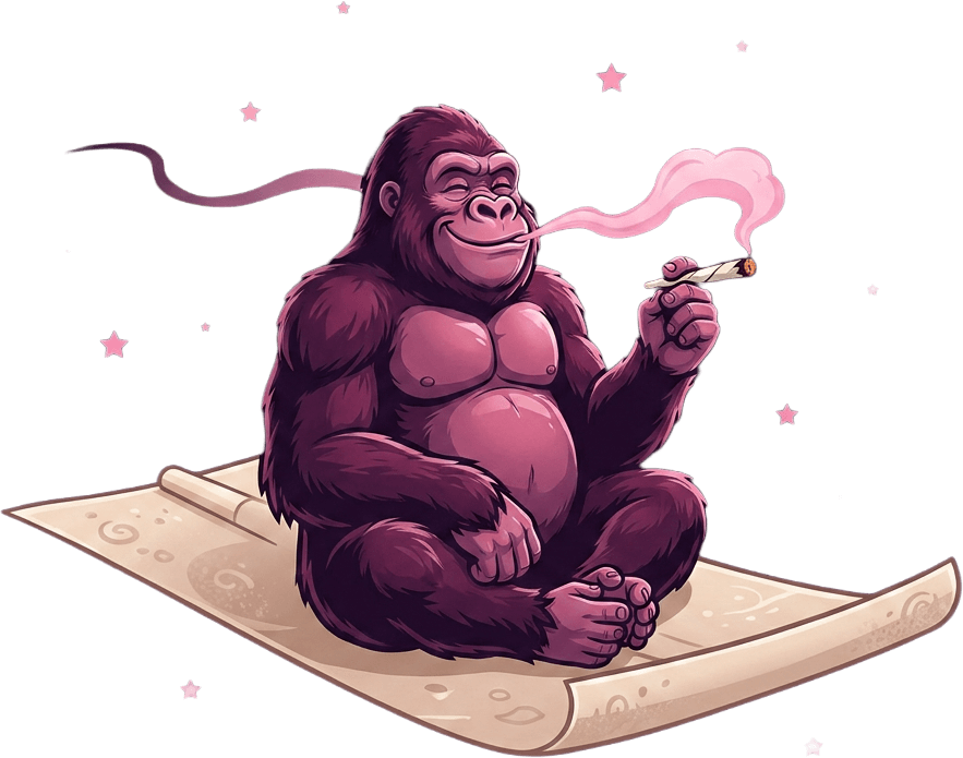 Gorilla sitting on a flying rolling paper like a magic carpet, smoking a joint against a dark background.